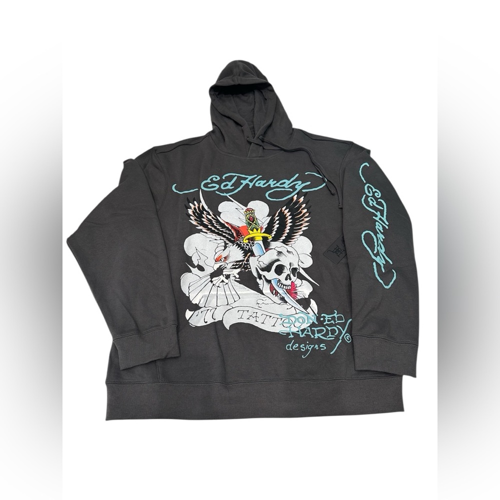 Ed Hardy Men’s Hoodie Sweater Eagle Skull Print‎ Sz L Charcoal Color NWT